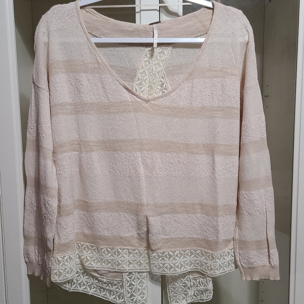 Free People Women's Pebble Knit Beige Cream Lace Long Sleeve Top sz S